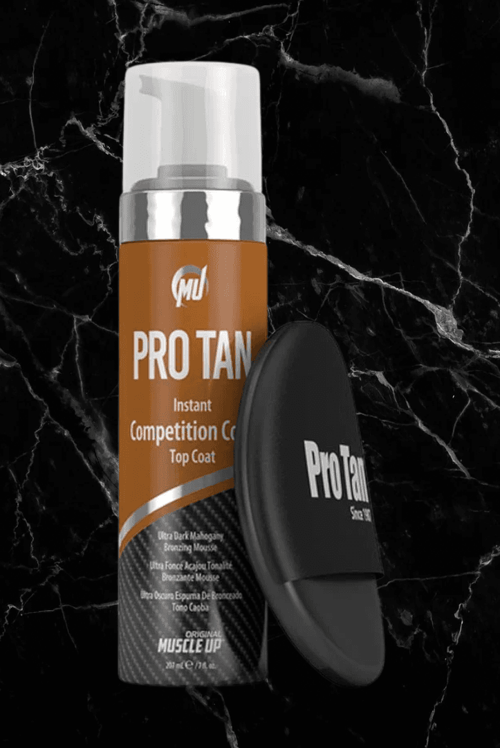 Pro Tan Top Coat - Competition Bronzing Mousse in Dark Mahogany with applicator pad, ideal for streak-free, quick-dry sunless tanning results.