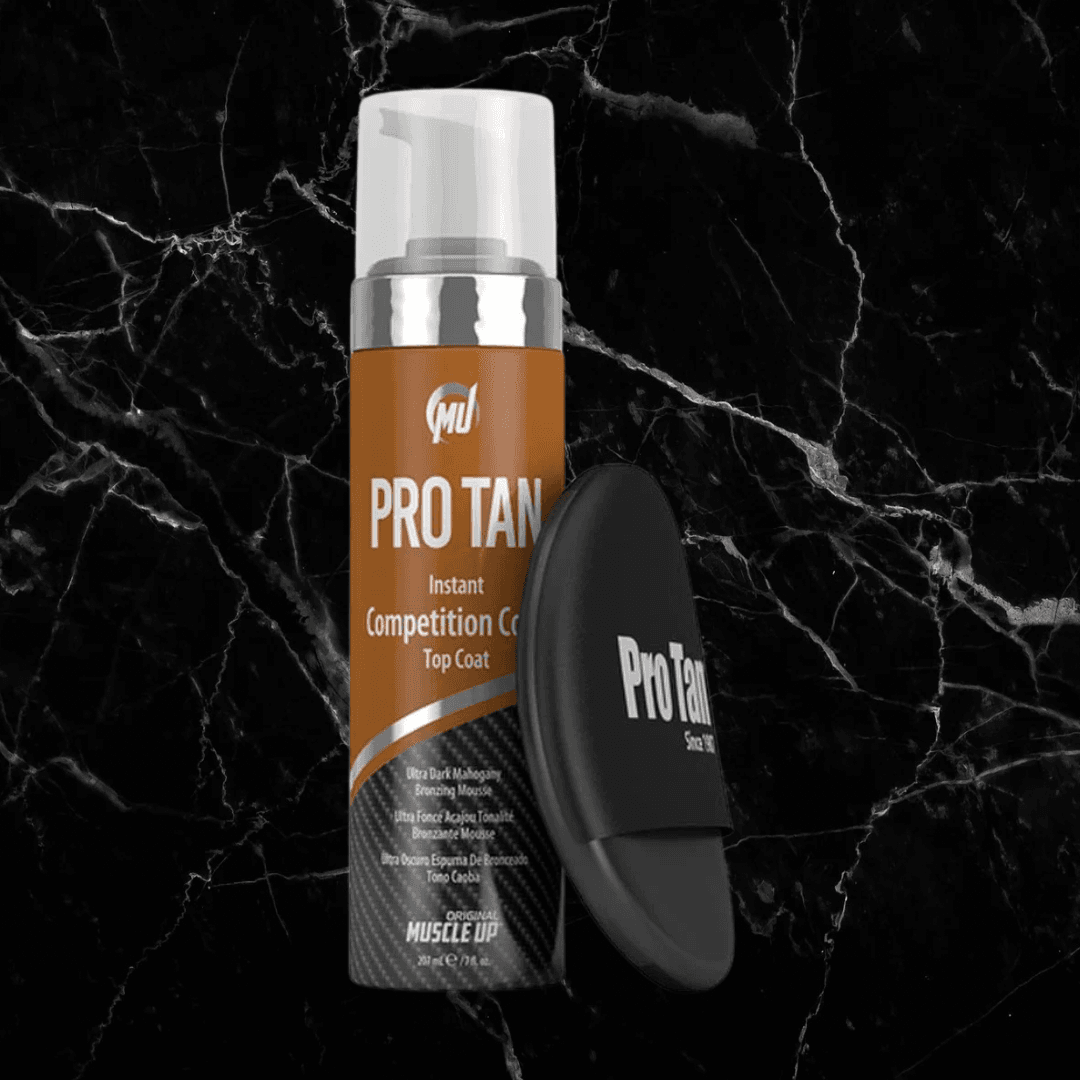 Pro Tan Top Coat - Competition Bronzing Mousse in Dark Mahogany with applicator pad, ideal for streak-free, quick-dry sunless tanning results.