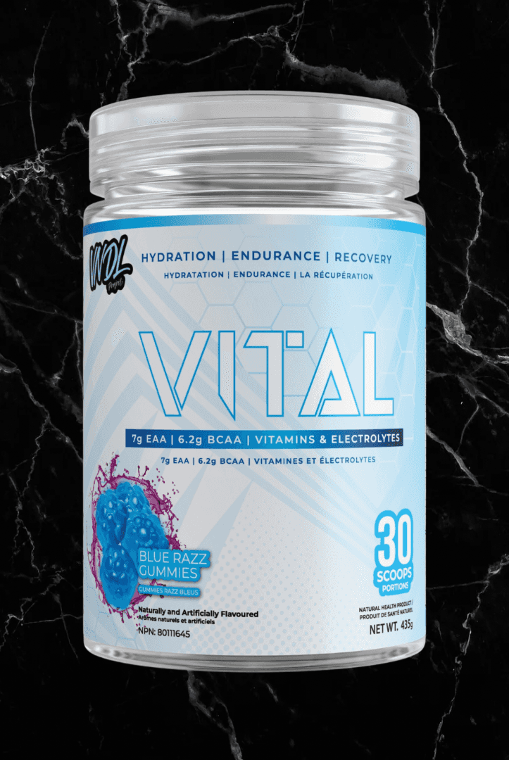 VNDL Project Vital Blue Razz Gummies flavor EAA BCAA supplement for hydration and muscle recovery, featuring 30 scoops per container.