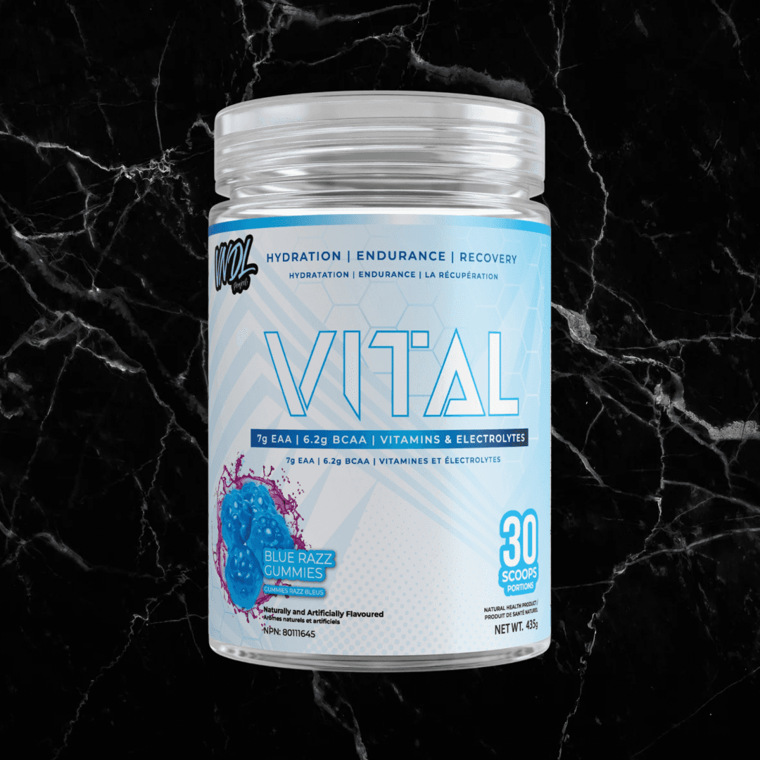 VNDL Project Vital Blue Razz Gummies flavor EAA BCAA supplement for hydration and muscle recovery, featuring 30 scoops per container.