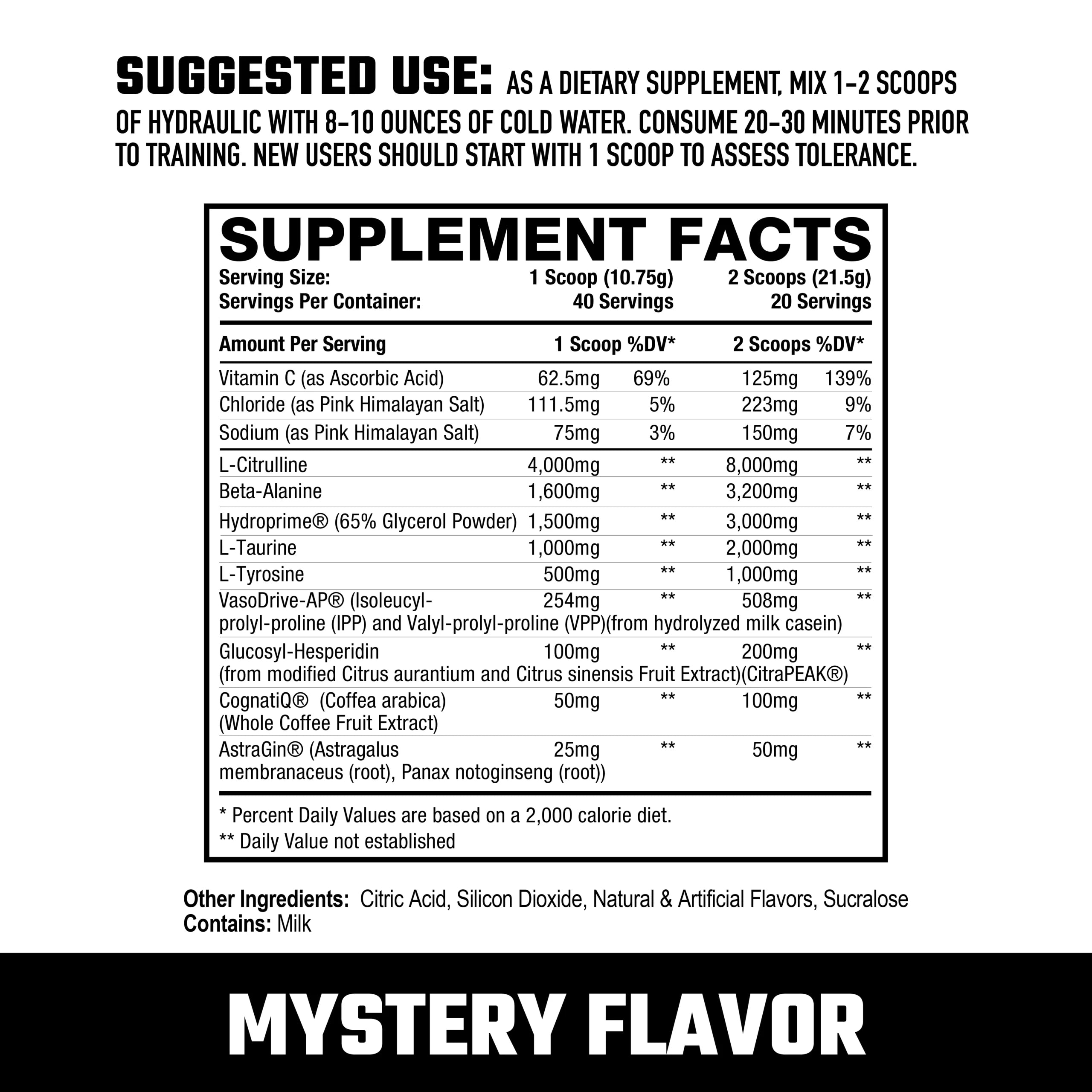 Mystery Flavor supplement facts for Axe Sledge Hydraulic V2 non-stim pre-workout with 40 servings and performance-enhancing ingredients.