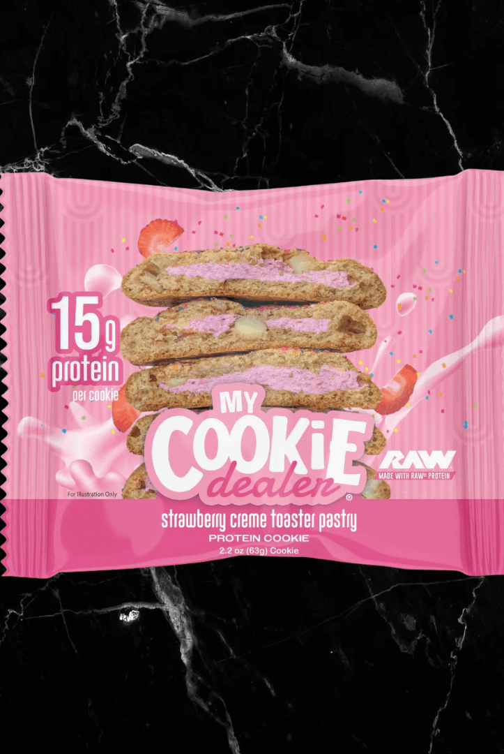 My Cookie Dealer 2oz Strawberry Crème Toaster Pastry protein cookie with 15g protein, a fun, flavorful snack for health and nutrition lovers.