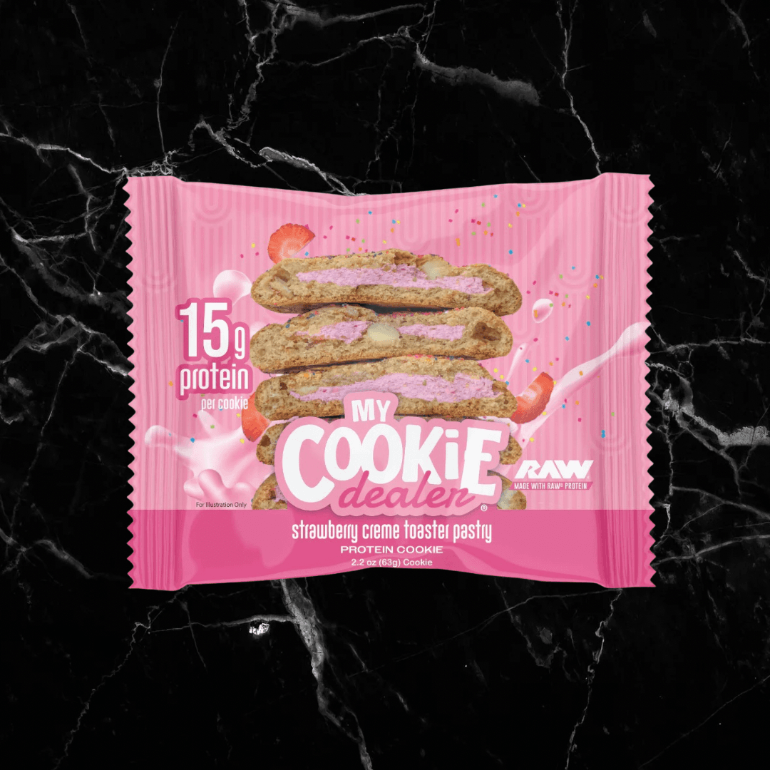 My Cookie Dealer 2oz Strawberry Crème Toaster Pastry protein cookie with 15g protein, a fun, flavorful snack for health and nutrition lovers.