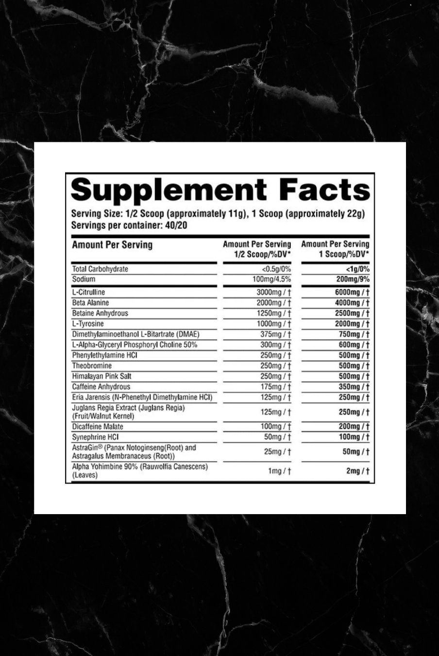 Supplement facts label for Anarchy Pre Workout - High-Octane Pre-Workout by Anarchy Labs JAWAN, detailing ingredients and nutritional values per serving.