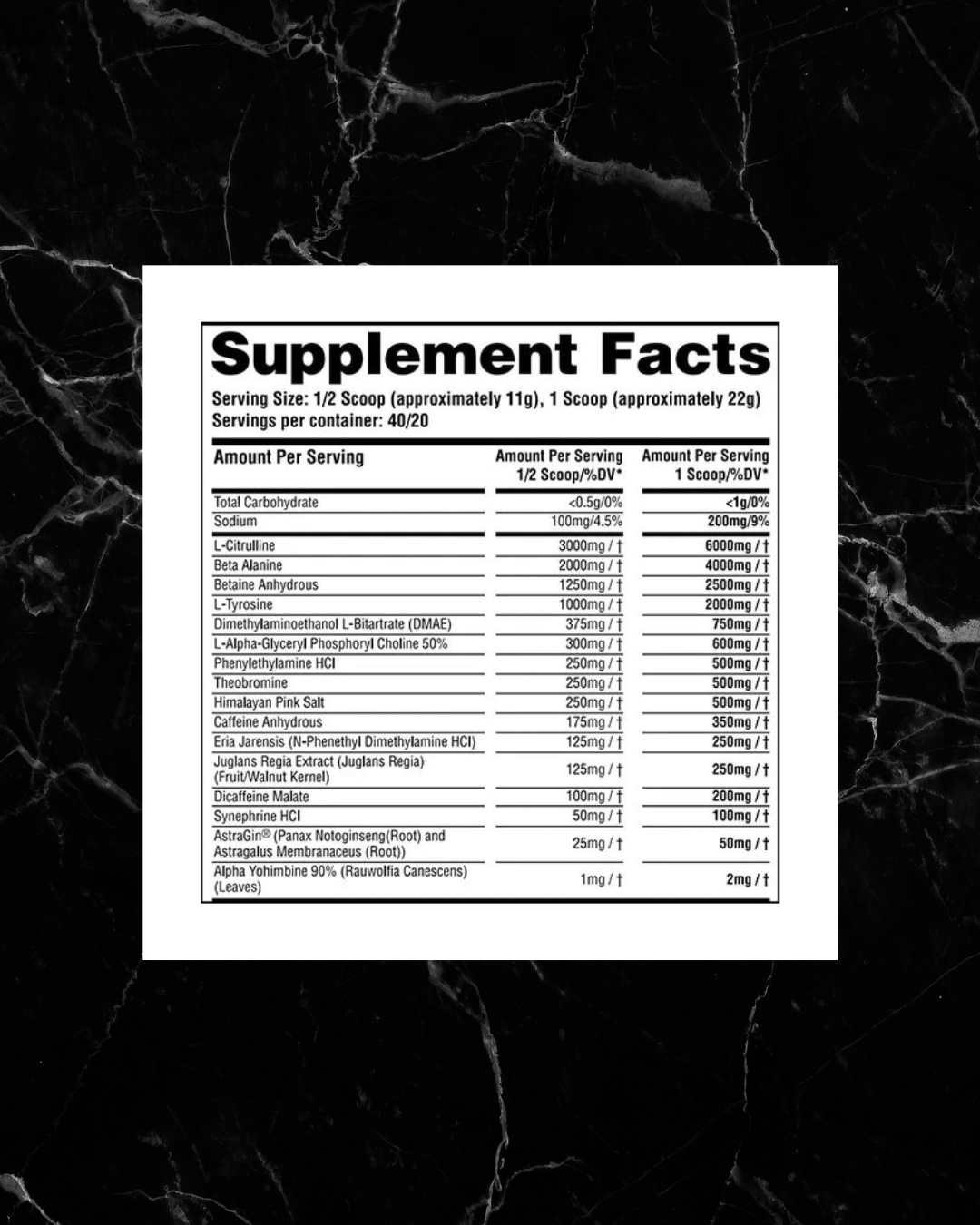Supplement facts label for Anarchy Pre Workout - High-Octane Pre-Workout by Anarchy Labs JAWAN, detailing ingredients and nutritional values per serving.