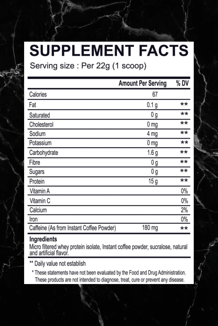 Supplement facts label for Caramel Macchiato Bliss Protein Coffee showing 15g protein, 180mg caffeine, and low fat per 22g serving.