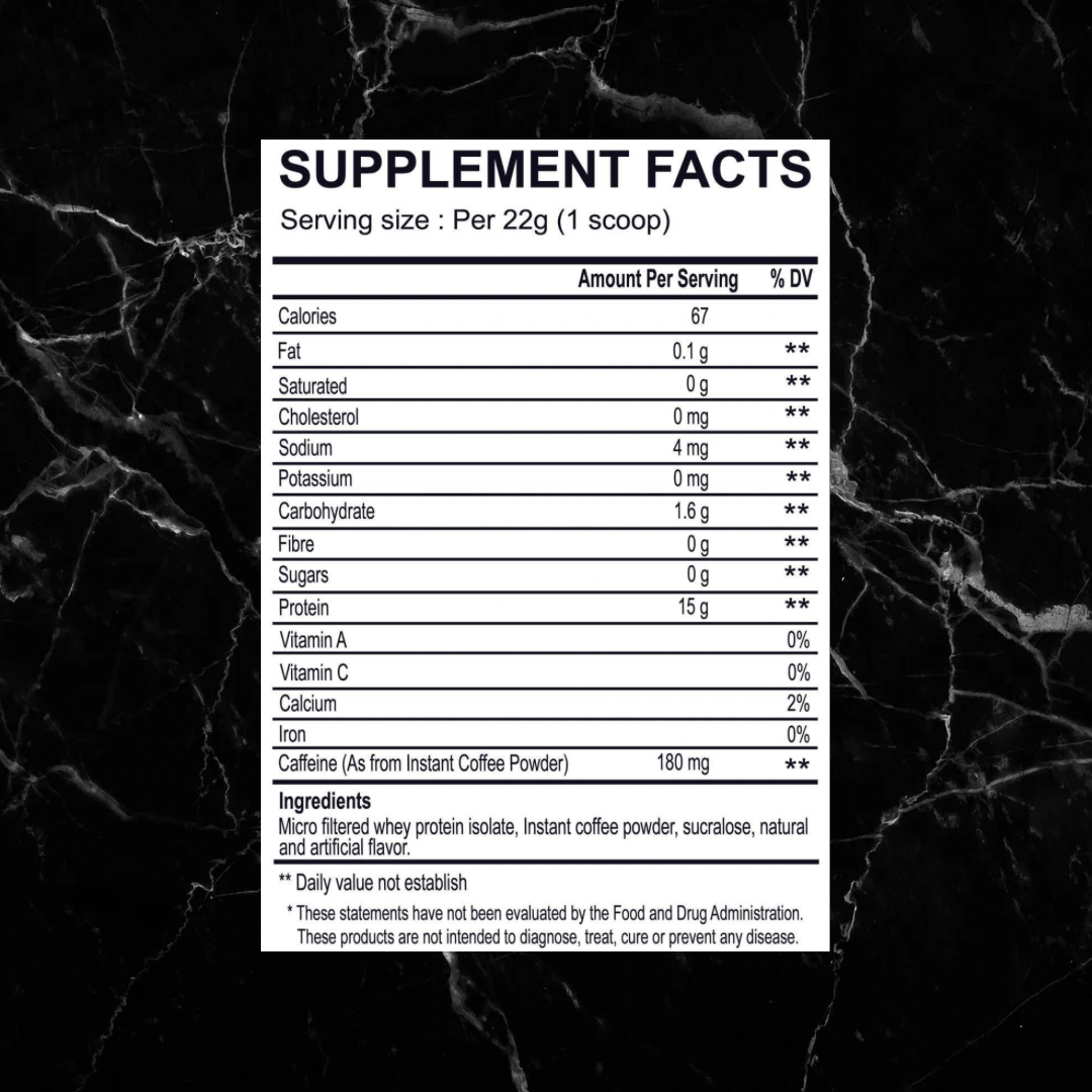 Supplement facts label for Caramel Macchiato Bliss Protein Coffee showing 15g protein, 180mg caffeine, and low fat per 22g serving.