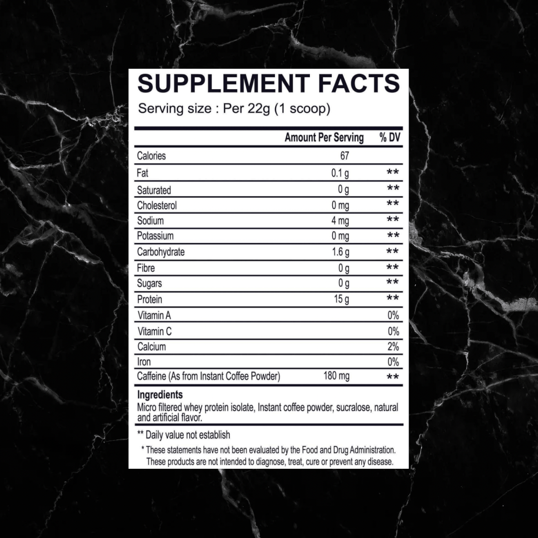 Supplement facts label for Caramel Macchiato Bliss Protein Coffee showing 15g protein, 180mg caffeine, and low fat per 22g serving.