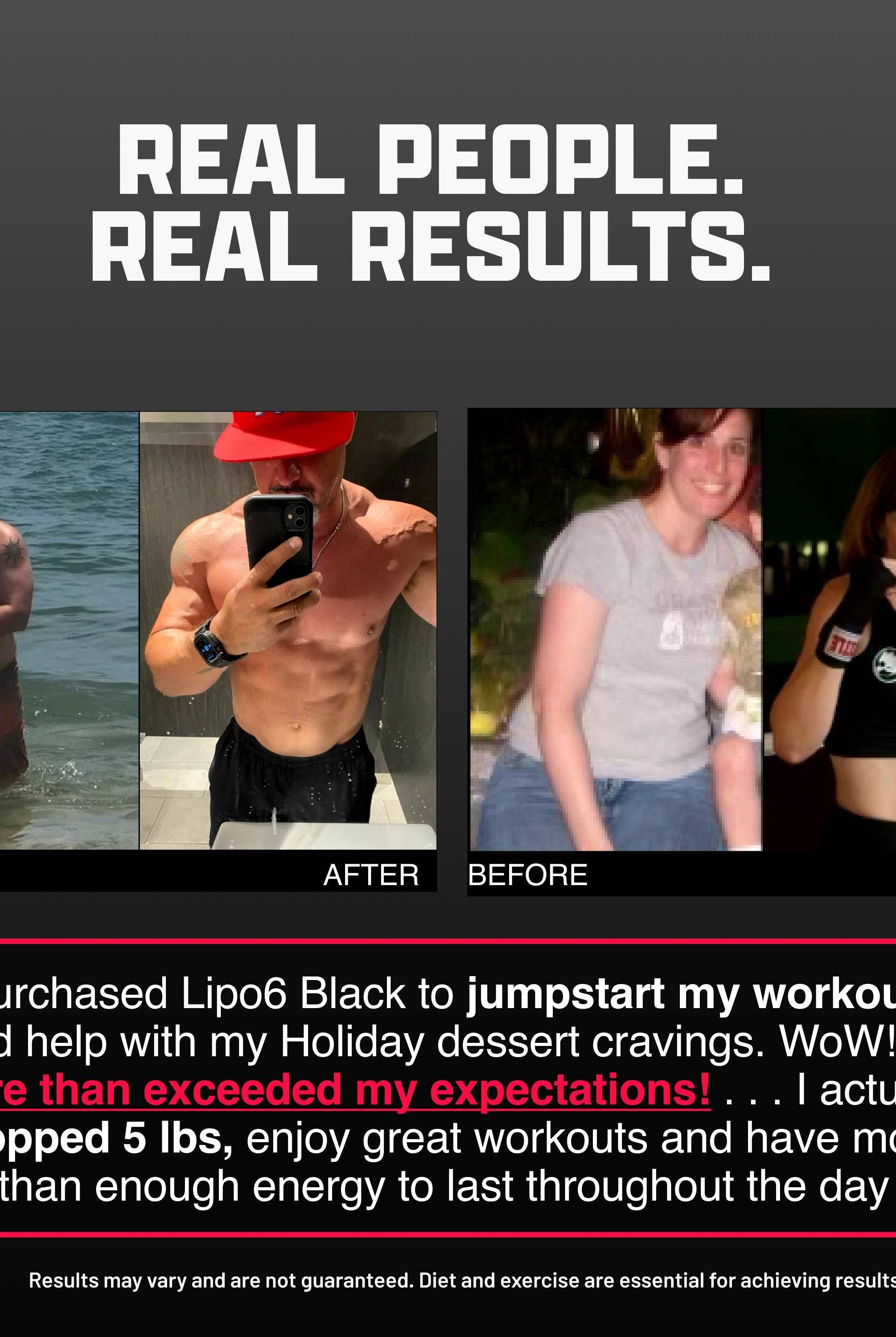 Before and after photos of users with Nutrex Lipo6 BLACK Ultra results. Testimonials highlight fat loss, energy boost, and workout enhancement.