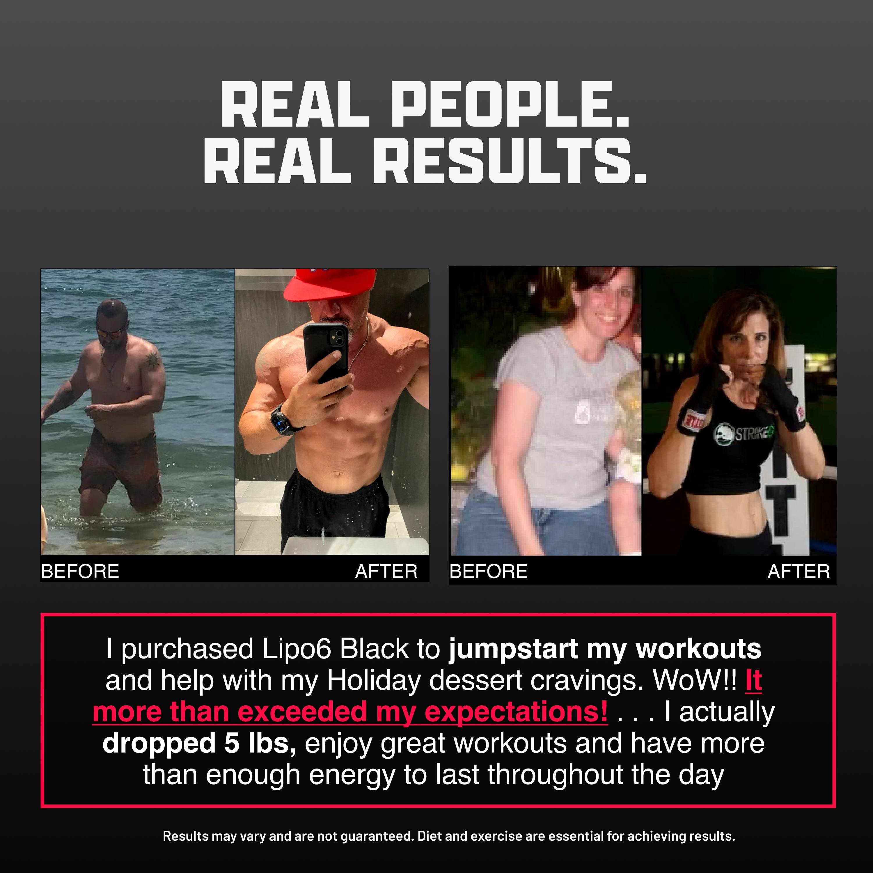 Before and after photos of users with Nutrex Lipo6 BLACK Ultra results. Testimonials highlight fat loss, energy boost, and workout enhancement.