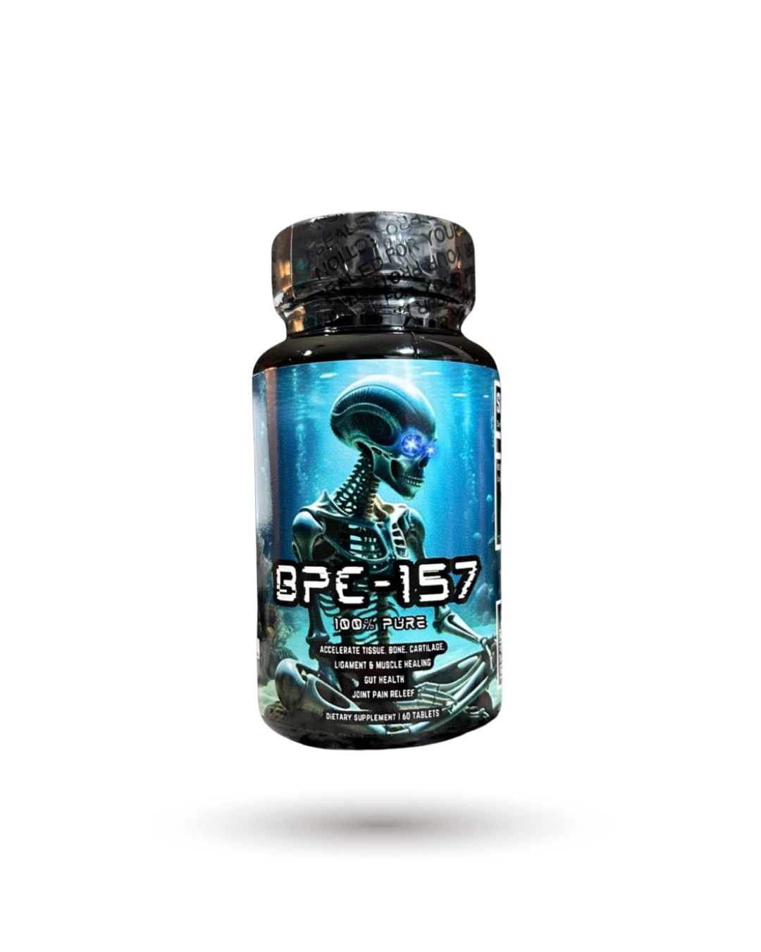BPC-157 supplement bottle front label featuring futuristic sci-fi design. BPC- Supplement - Healing & Recovery Booster for research use.
