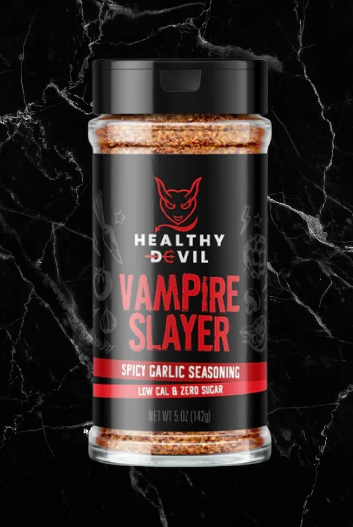 VAMPIRE SLAYER - Spicy Garlic Cooking Seasoning by Healthy Devil in 142g bottle, perfect for enhancing meats and veggies with bold garlic flavor.