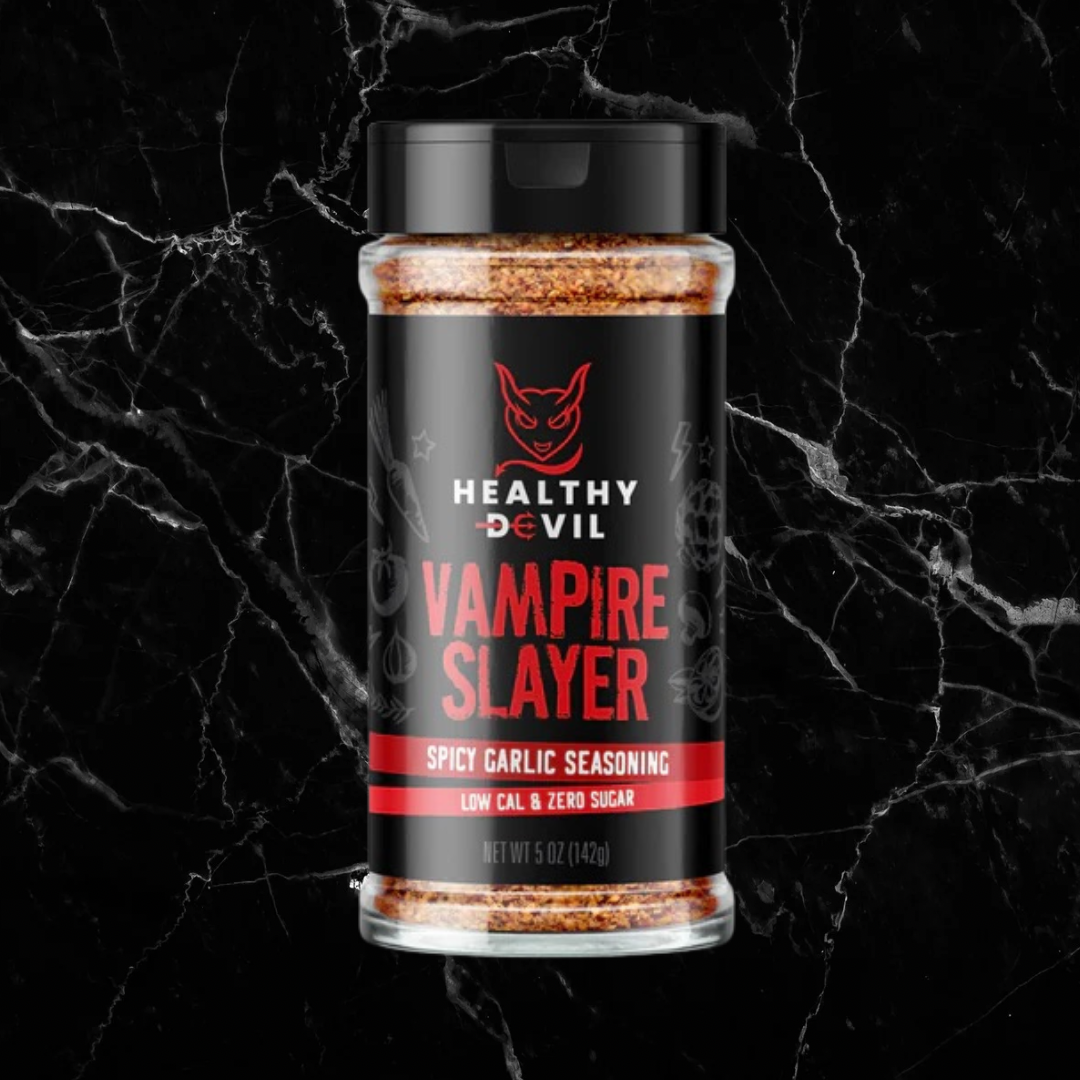 VAMPIRE SLAYER - Spicy Garlic Cooking Seasoning by Healthy Devil in 142g bottle, perfect for enhancing meats and veggies with bold garlic flavor.