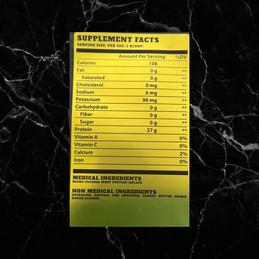 Nutrition label of BulkBully PB Cookie Dough Whey Isolate Protein showing 27g protein per serving and key ingredients for muscle growth.