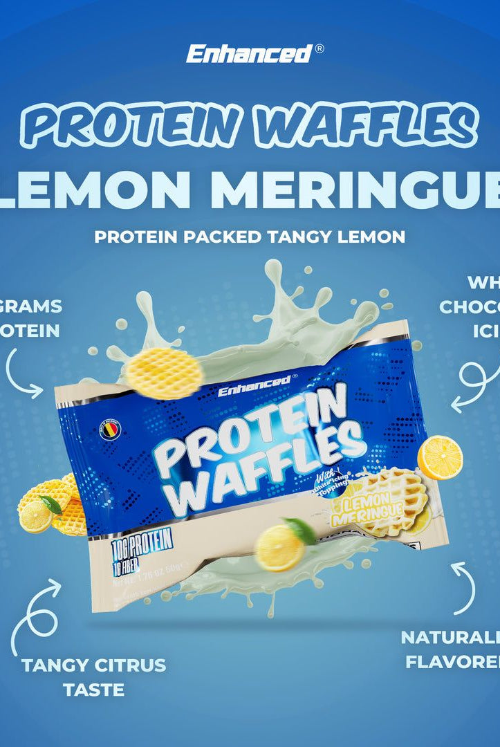Enhanced Protein Waffles Lemon Meringue flavor with 11g protein, white chocolate icing, and tangy citrus taste, perfect for fitness nutrition.