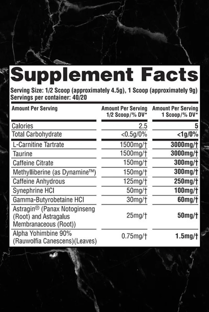 Supplement Facts label for Katana EXTREME Thermo showing ingredients like caffeine, taurine, and L-carnitine for energy and metabolism boosting.