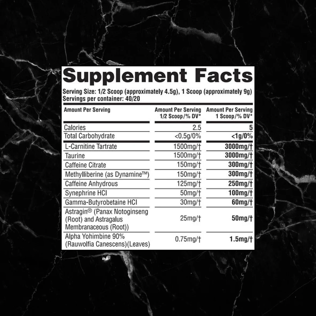 Supplement Facts label for Katana EXTREME Thermo showing ingredients like caffeine, taurine, and L-carnitine for energy and metabolism boosting.