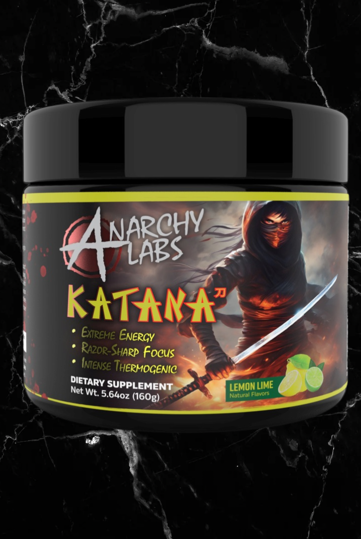 Katana EXTREME Thermo Lemon Lime by Anarchy Labs delivers razor-sharp focus and thermogenic support in a fitness supplement for intense workouts.