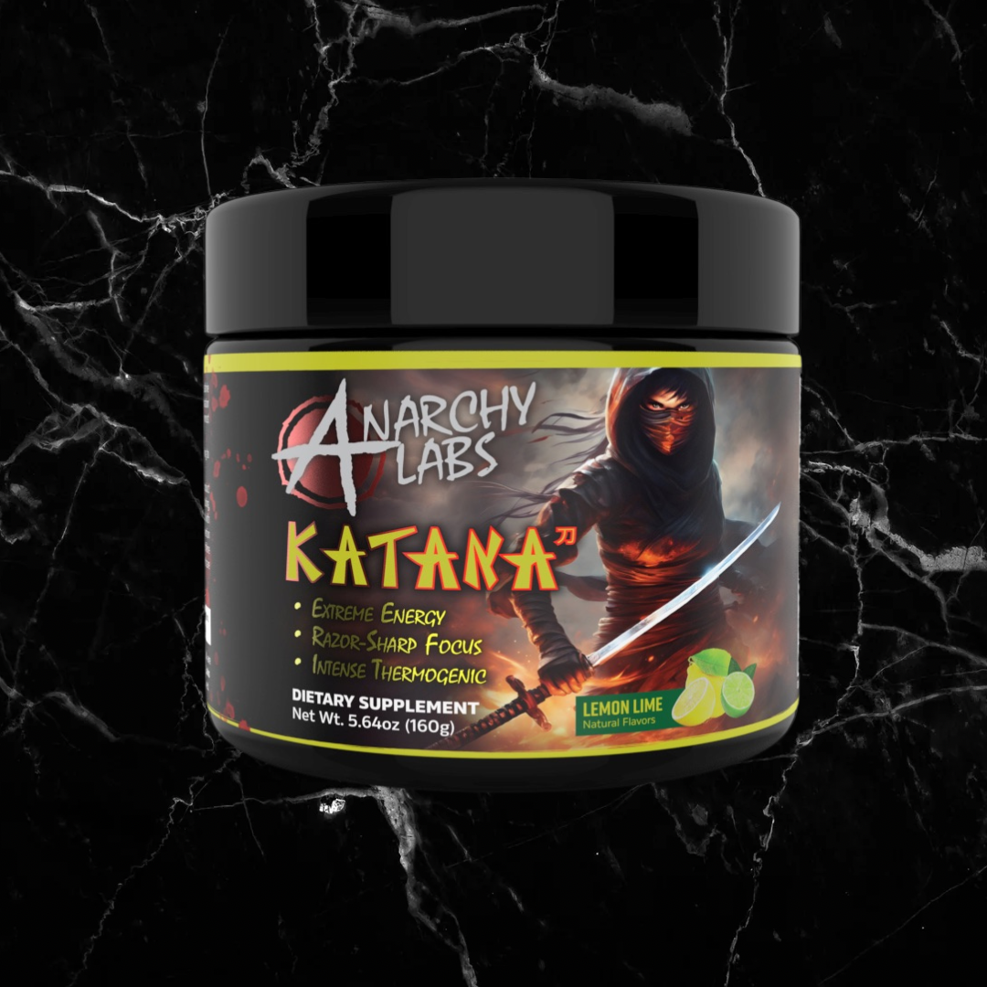 Katana EXTREME Thermo Lemon Lime by Anarchy Labs delivers razor-sharp focus and thermogenic support in a fitness supplement for intense workouts.