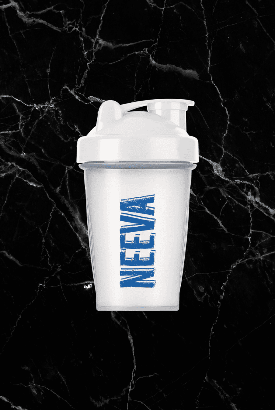 Neeva Protein & Cereal Shaker with bold blue logo on a white container, ideal for mixing high protein cereal on the go. Perfect for fitness nutrition use.