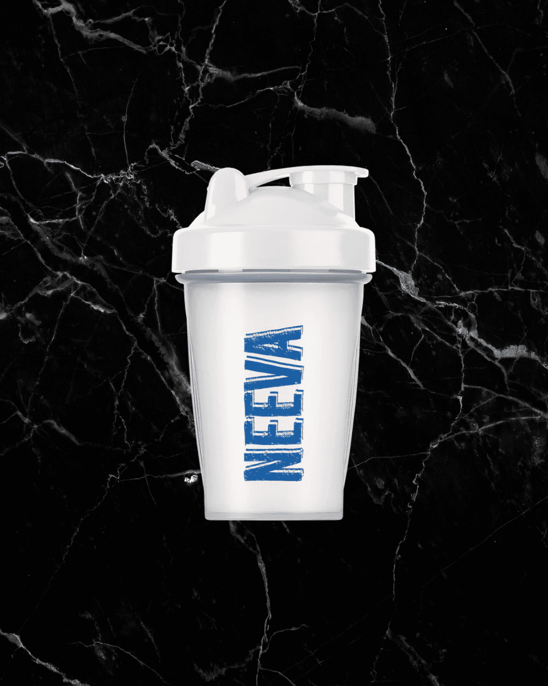 Neeva Protein & Cereal Shaker with bold blue logo on a white container, ideal for mixing high protein cereal on the go. Perfect for fitness nutrition use.