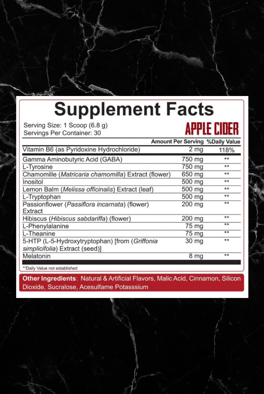 Apple Cider flavor supplement facts for 5% Knocked The F*ck Out Sleep Aid, highlighting GABA, melatonin, and herbal extracts for enhanced sleep quality.