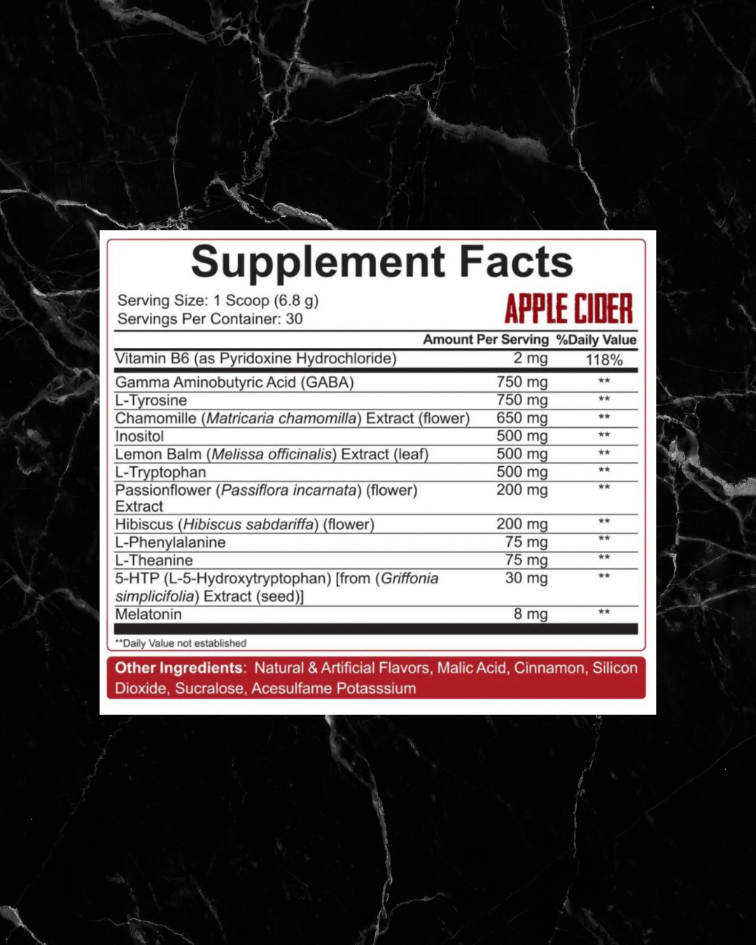 Apple Cider flavor supplement facts for 5% Knocked The F*ck Out Sleep Aid, highlighting GABA, melatonin, and herbal extracts for enhanced sleep quality.