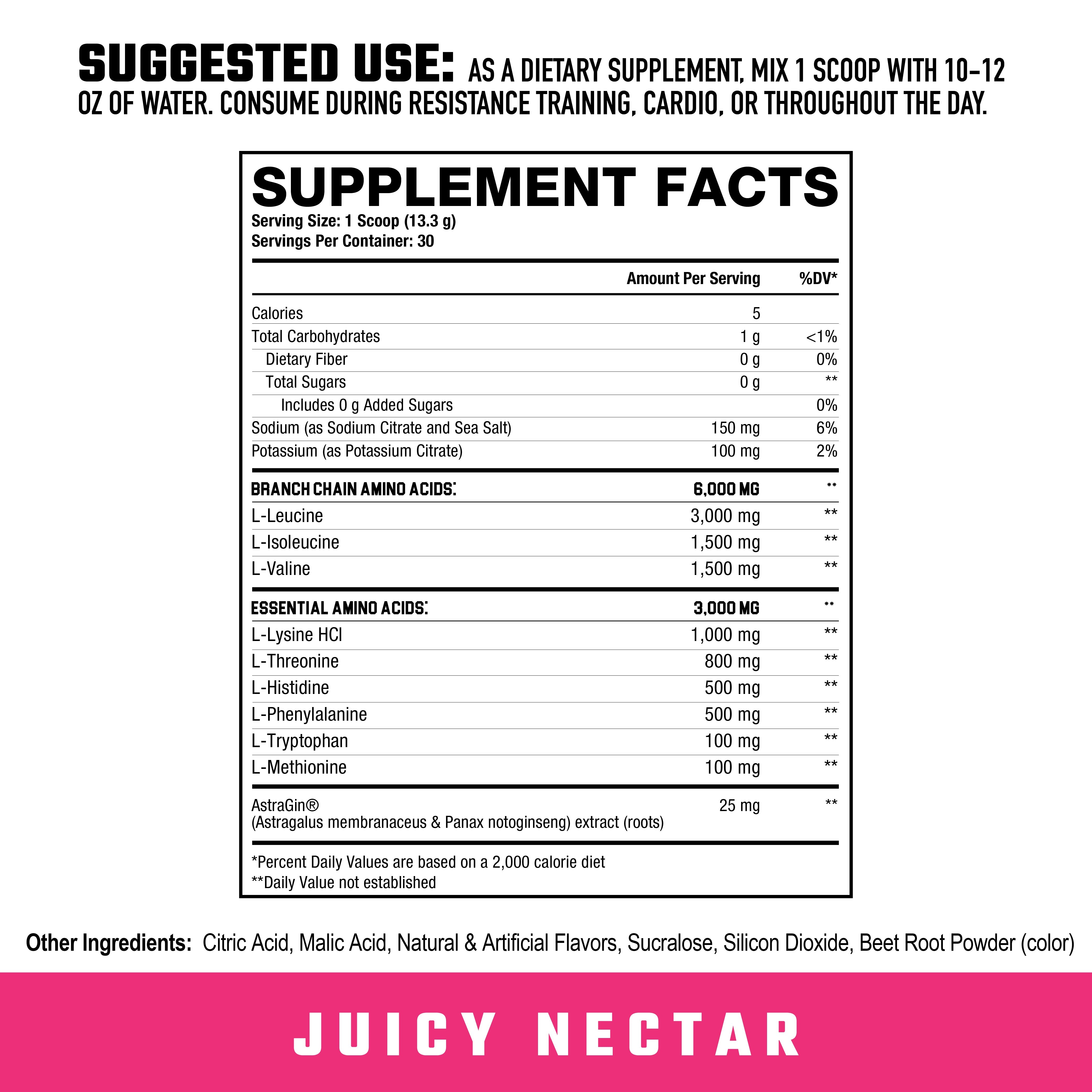 Supplement facts for Axe Sledge The Grind Juicy Nectar flavor. Includes EAAs, BCAAs, and hydration ingredients for workout recovery.