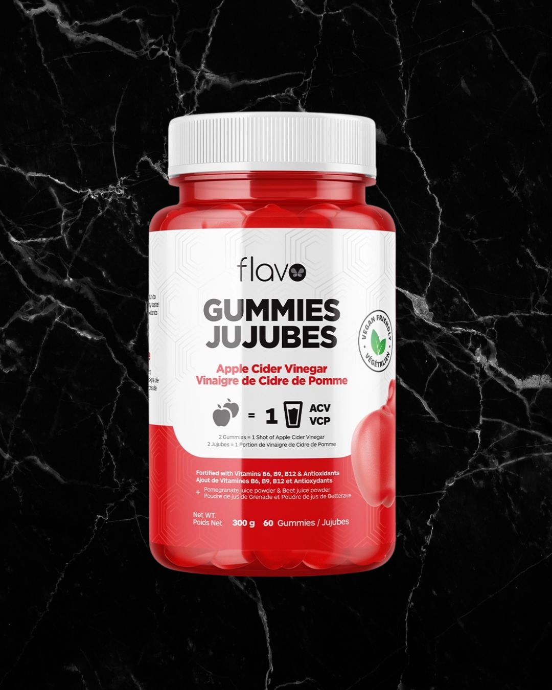 Believe Supplements - Apple Cider Vinegar Gummies bottle with red label on black marble background, highlighting ACV benefits and natural ingredients.