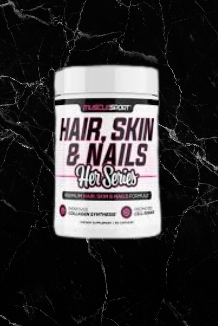 MuscleSport Collagen Formula - Hair Skin Nails Her Series in black label packaging, designed to support beauty with biotin and collagen blend.