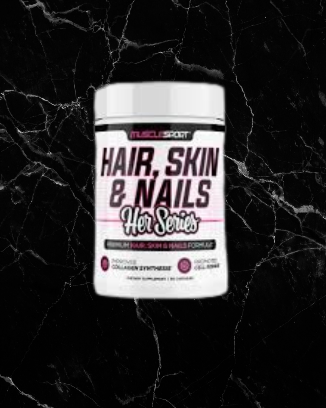 MuscleSport Collagen Formula - Hair Skin Nails Her Series in black label packaging, designed to support beauty with biotin and collagen blend.