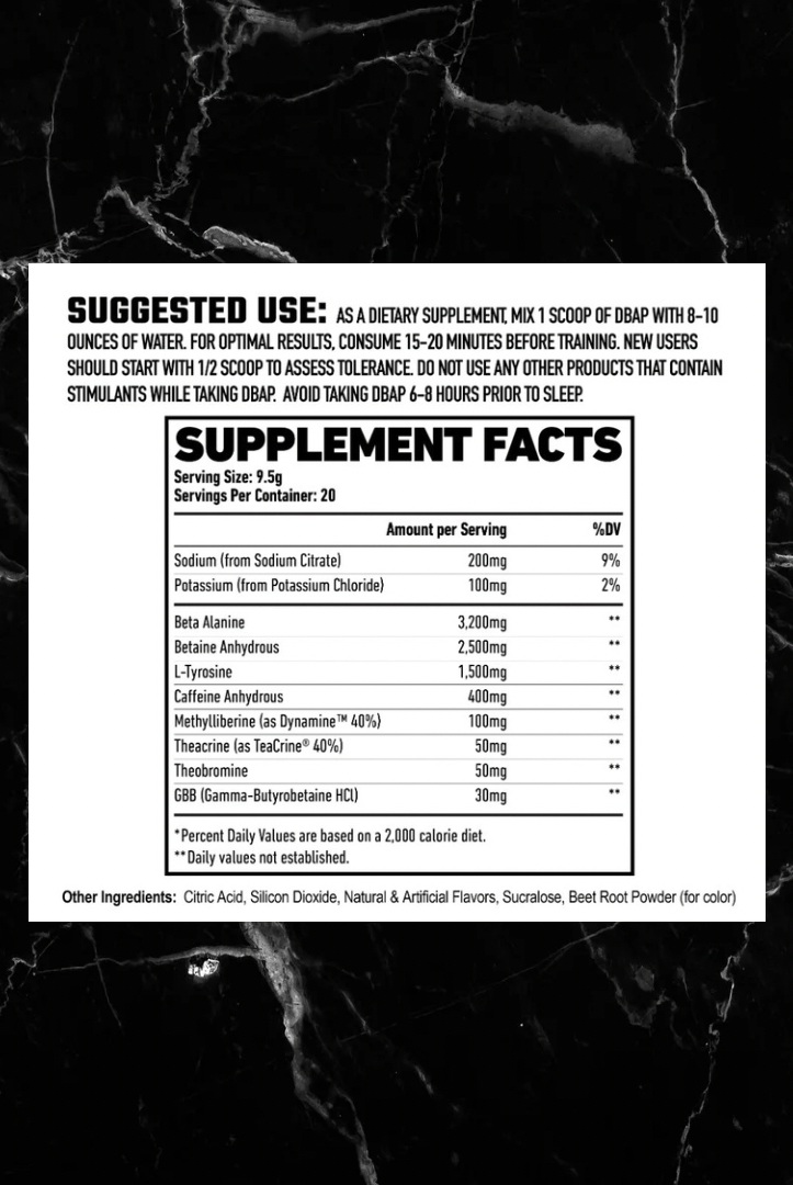 Supplement facts label for DBAP Pre Workout by Axe & Sledge, detailing ingredients like beta alanine, caffeine, and theobromine per serving.