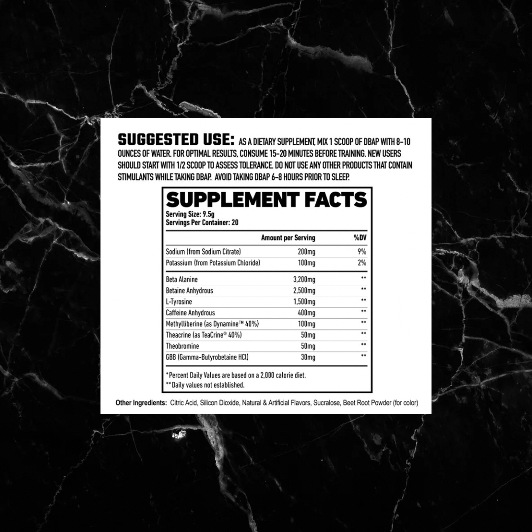 Supplement facts label for DBAP Pre Workout by Axe & Sledge, detailing ingredients like beta alanine, caffeine, and theobromine per serving.