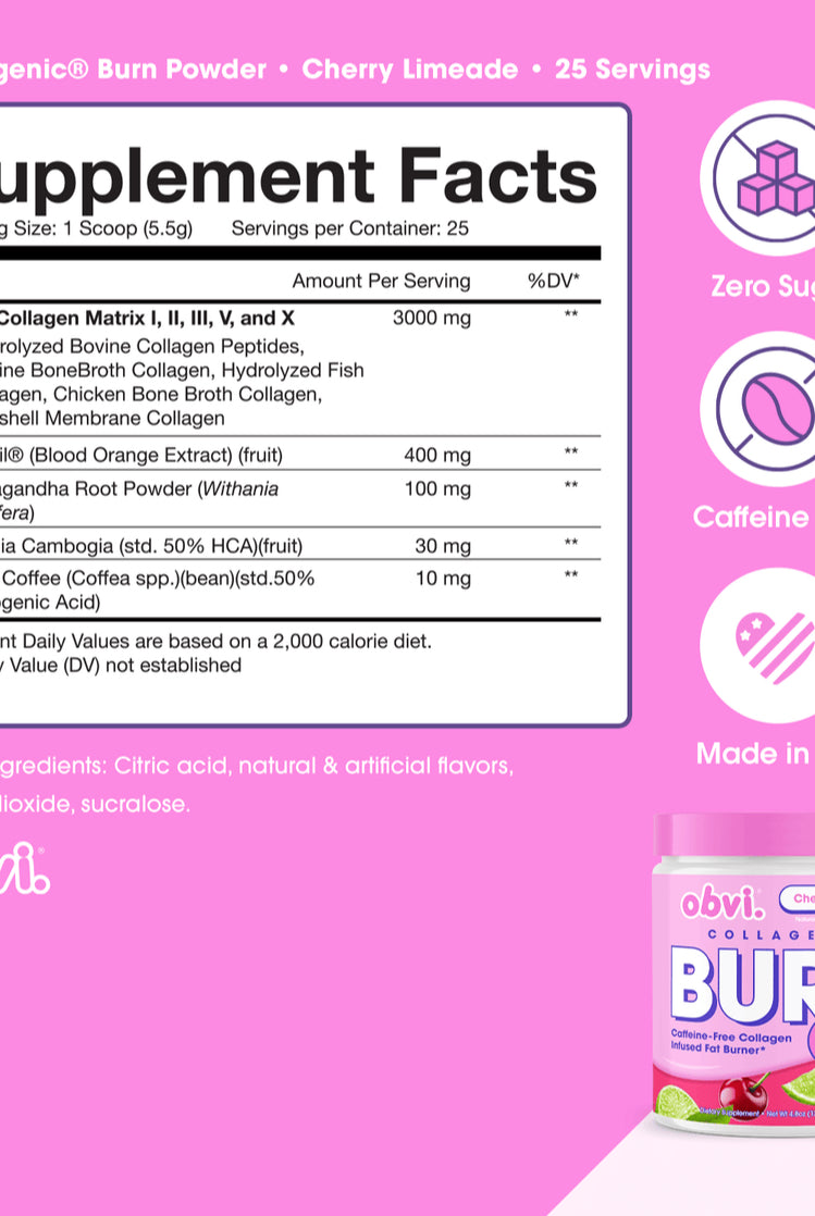 Obvi Collagenic Burn Powder Cherry Limeade flavor supplement facts, highlighting collagen blend, Morosil, Garcinia Cambogia, and green coffee extract.