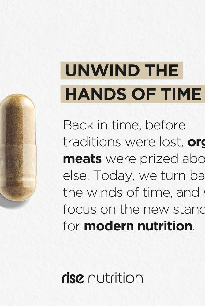Single Grass Fed Beef Liver Capsule with text describing the return to traditional nutrition through organ meats by Rise Nutrition.