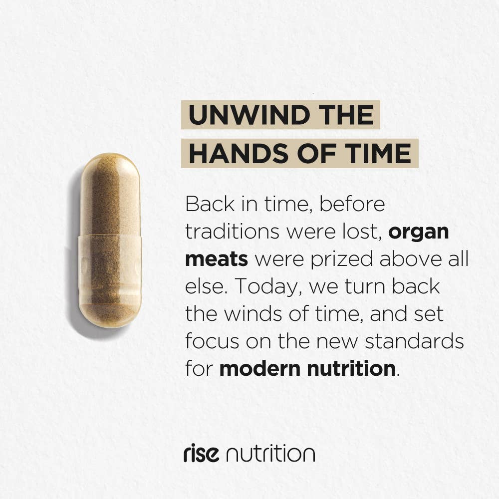 Single Grass Fed Beef Liver Capsule with text describing the return to traditional nutrition through organ meats by Rise Nutrition.