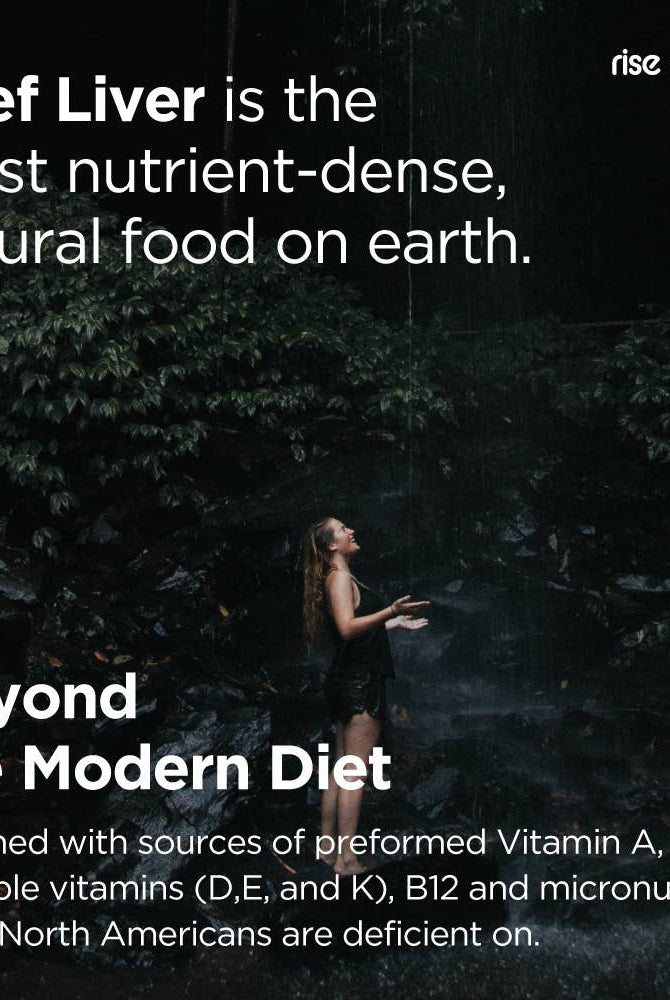 Rainforest scene with text highlighting beef liver as a nutrient-dense food rich in vitamins A, D, E, K, and B12 from Rise Nutrition supplements.