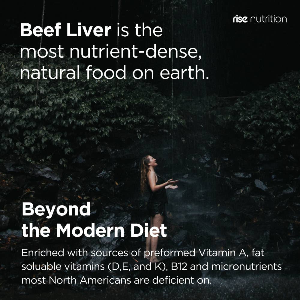 Rainforest scene with text highlighting beef liver as a nutrient-dense food rich in vitamins A, D, E, K, and B12 from Rise Nutrition supplements.
