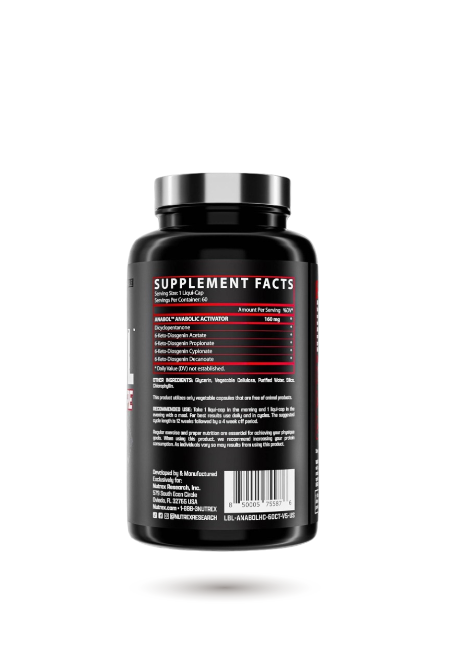 Back label of Nutrex Hardcore Anabol Supplement showing supplement facts and ingredients. 60 servings per bottle for enhanced muscle development.