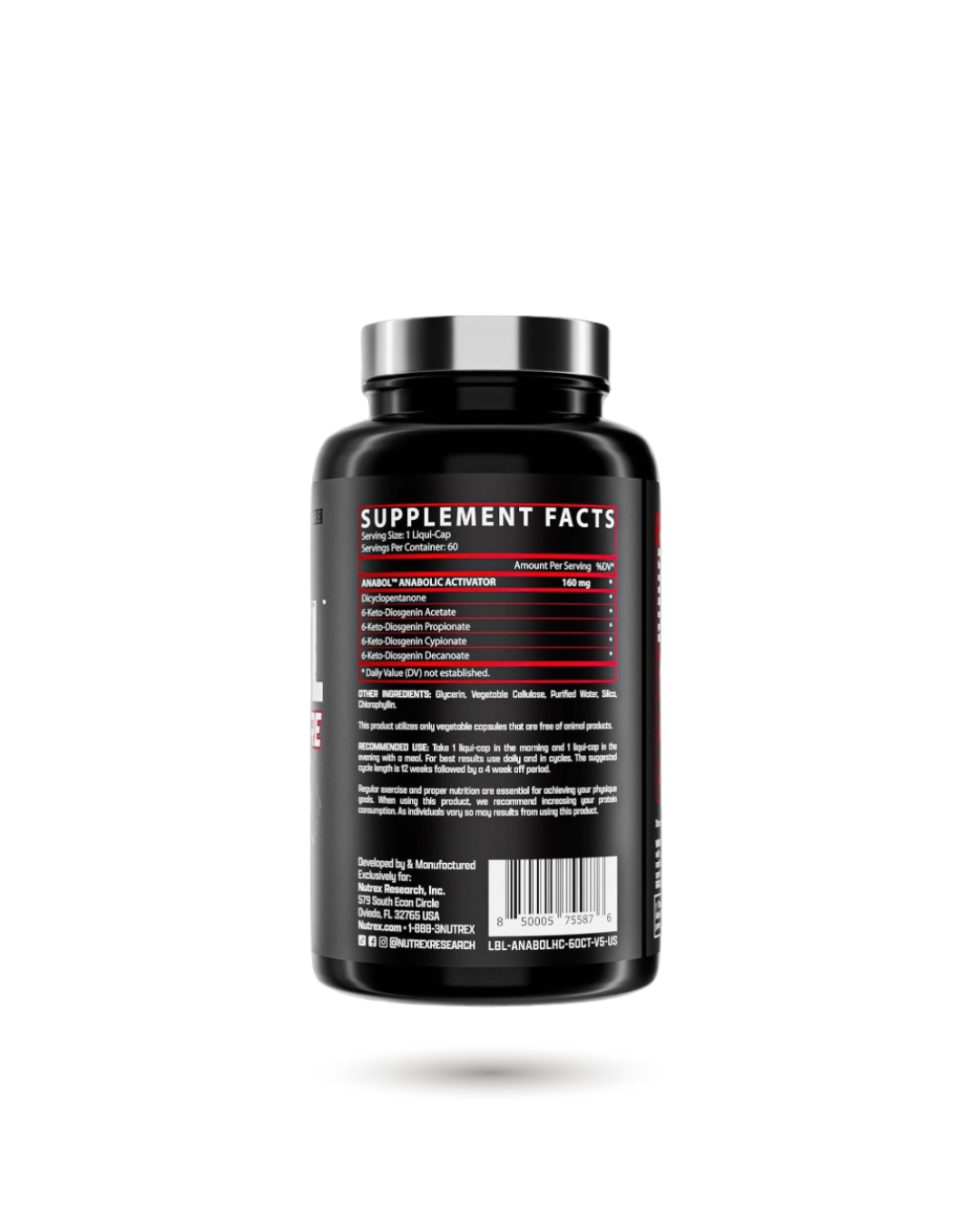 Back label of Nutrex Hardcore Anabol Supplement showing supplement facts and ingredients. 60 servings per bottle for enhanced muscle development.