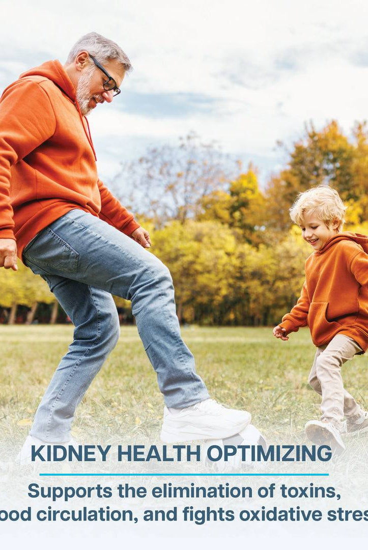Elderly man and child playing outdoors. Revive Kidney Supplement promotes blood circulation, reduces oxidative stress, and supports toxin elimination.