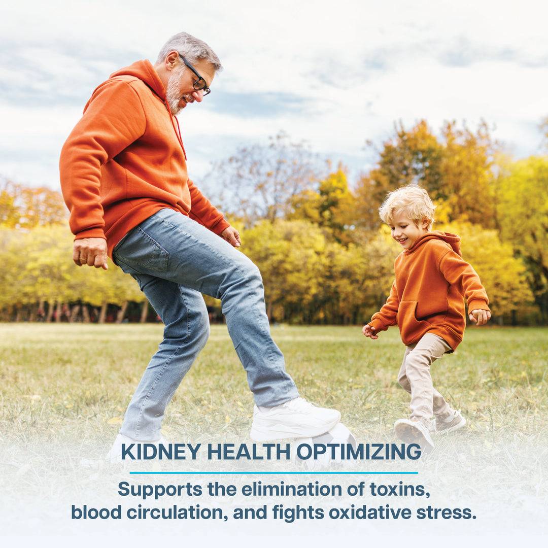 Elderly man and child playing outdoors. Revive Kidney Supplement promotes blood circulation, reduces oxidative stress, and supports toxin elimination.