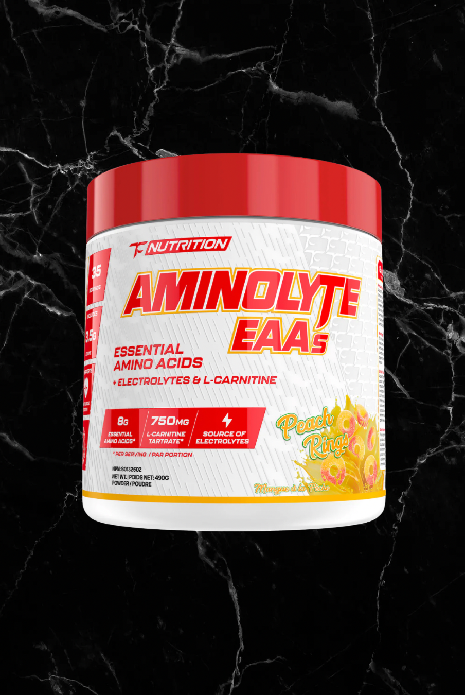 TC Nutrition Aminolyte EAAs Peach Rings flavor with electrolytes and L-carnitine for hydration and muscle recovery support.