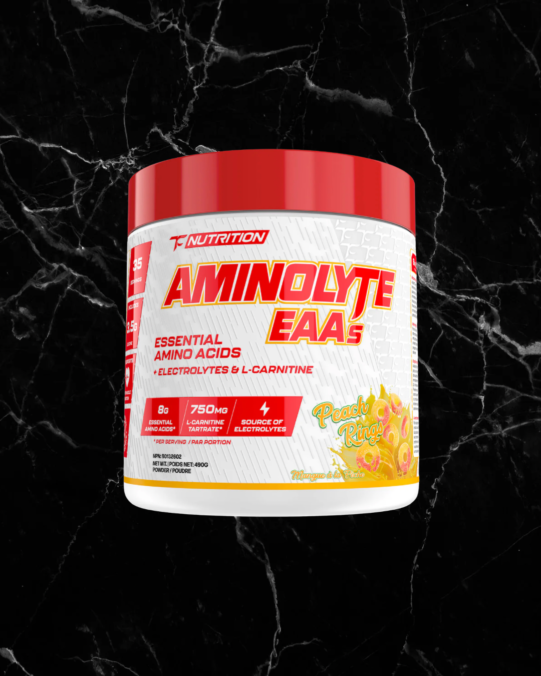 TC Nutrition Aminolyte EAAs Peach Rings flavor with electrolytes and L-carnitine for hydration and muscle recovery support.