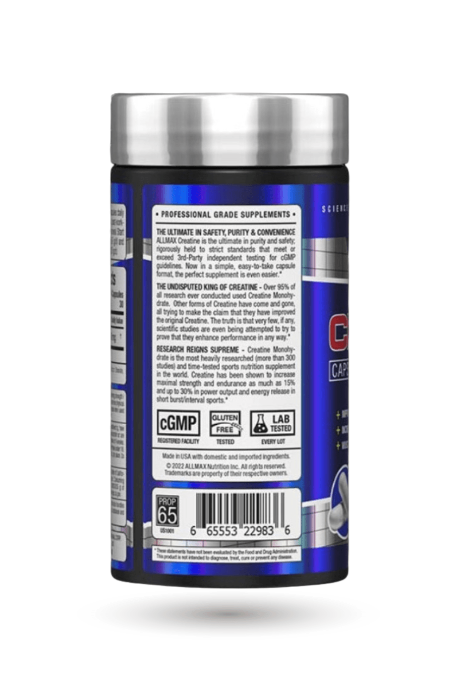 Side view of ALLMAX Creatine 3000 Capsules bottle highlighting product benefits, lab-tested quality, and gluten-free certification.