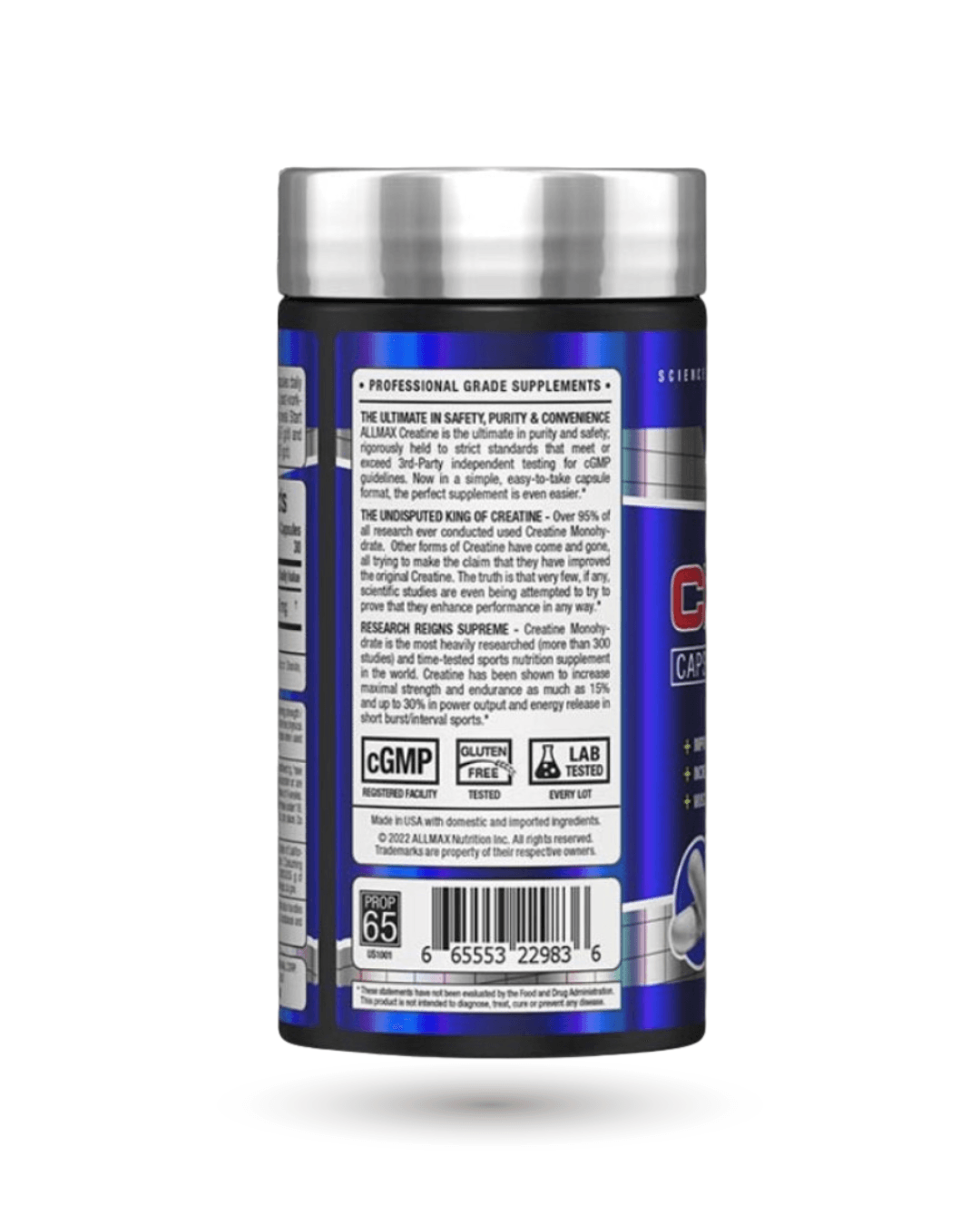 Side view of ALLMAX Creatine 3000 Capsules bottle highlighting product benefits, lab-tested quality, and gluten-free certification.