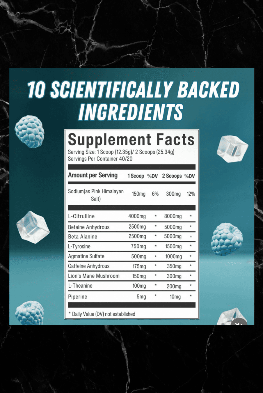 Supplement facts for Possessed Monkey Pre-Workout Blue Razz showing 10 scientifically backed ingredients including L-Citrulline and Caffeine Anhydrous.