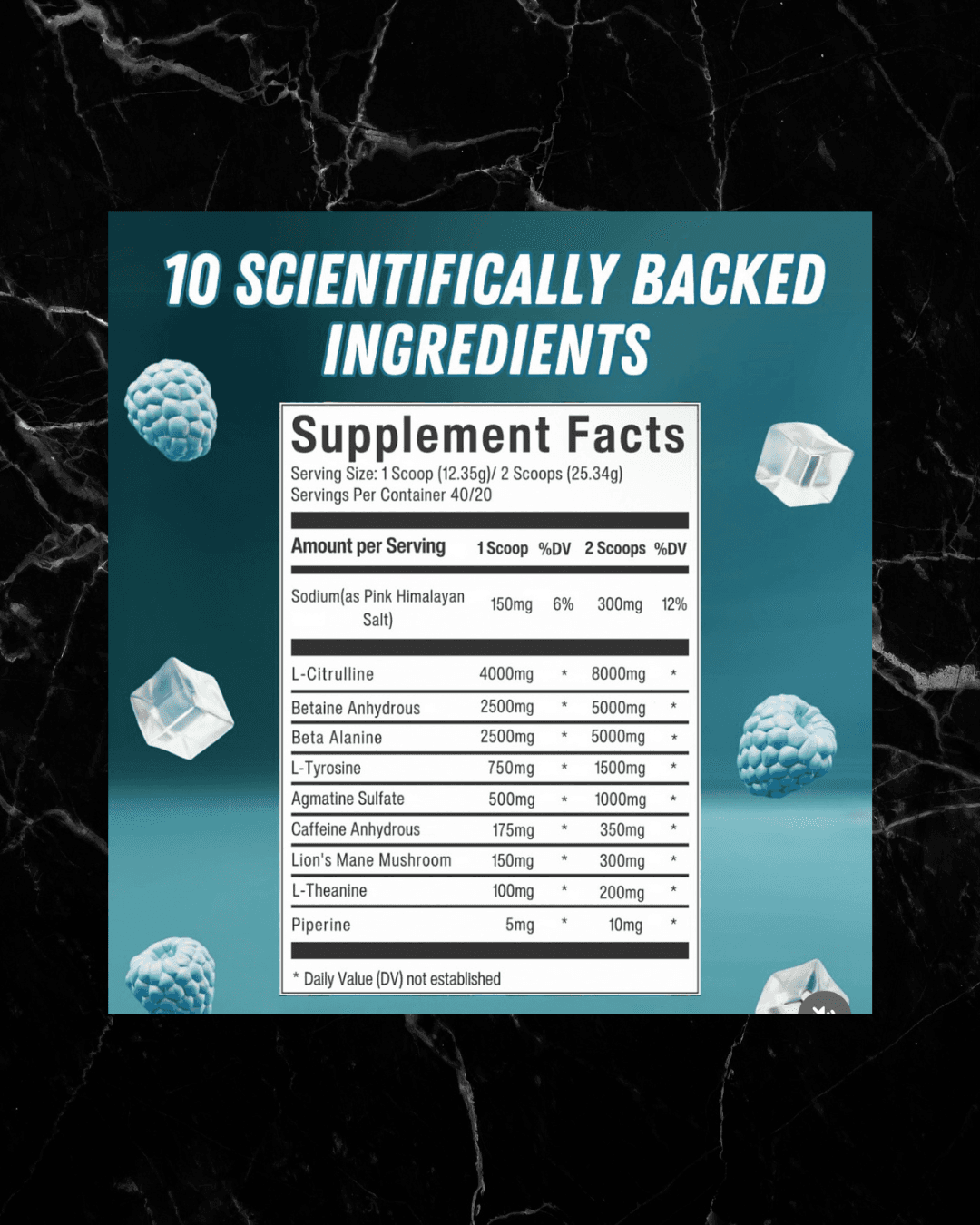 Supplement facts for Possessed Monkey Pre-Workout Blue Razz showing 10 scientifically backed ingredients including L-Citrulline and Caffeine Anhydrous.