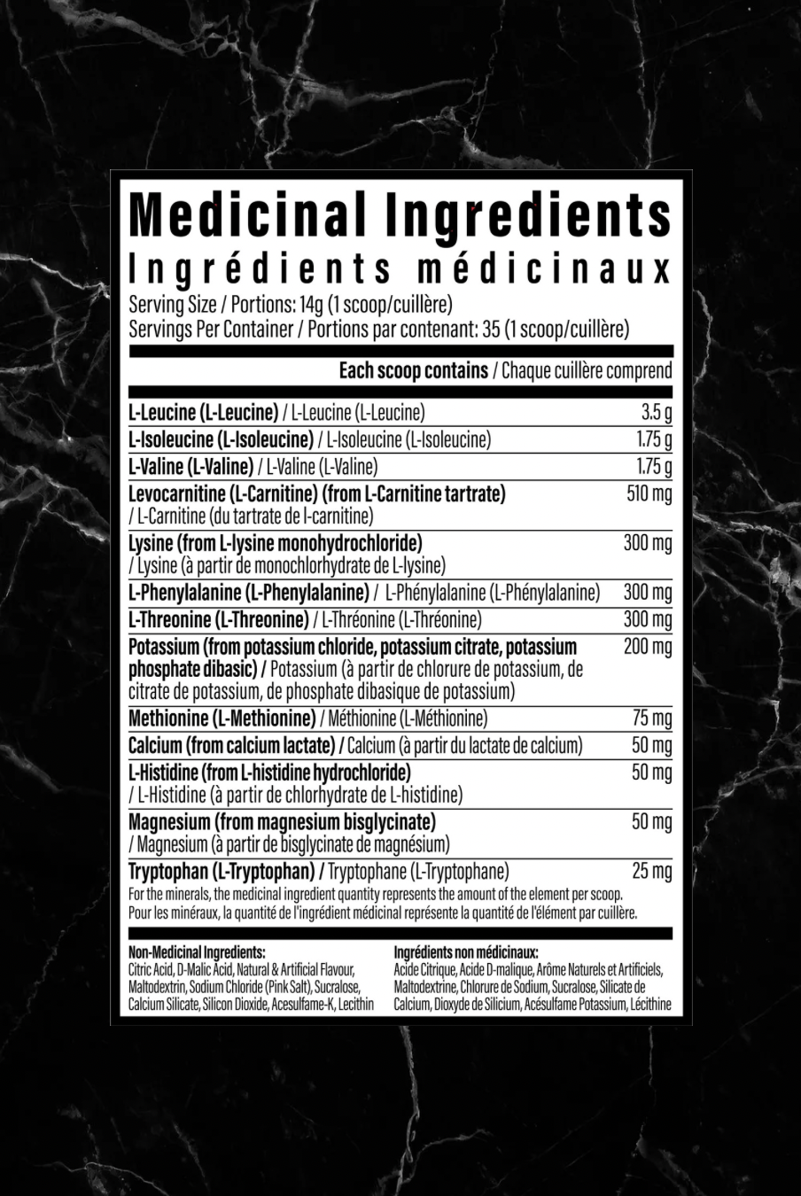 Supplement facts label for TC Nutrition Aminolyte EAAs showing detailed breakdown of amino acids, electrolytes, and L-carnitine content.