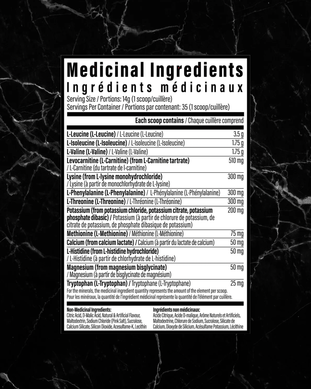 Supplement facts label for TC Nutrition Aminolyte EAAs showing detailed breakdown of amino acids, electrolytes, and L-carnitine content.